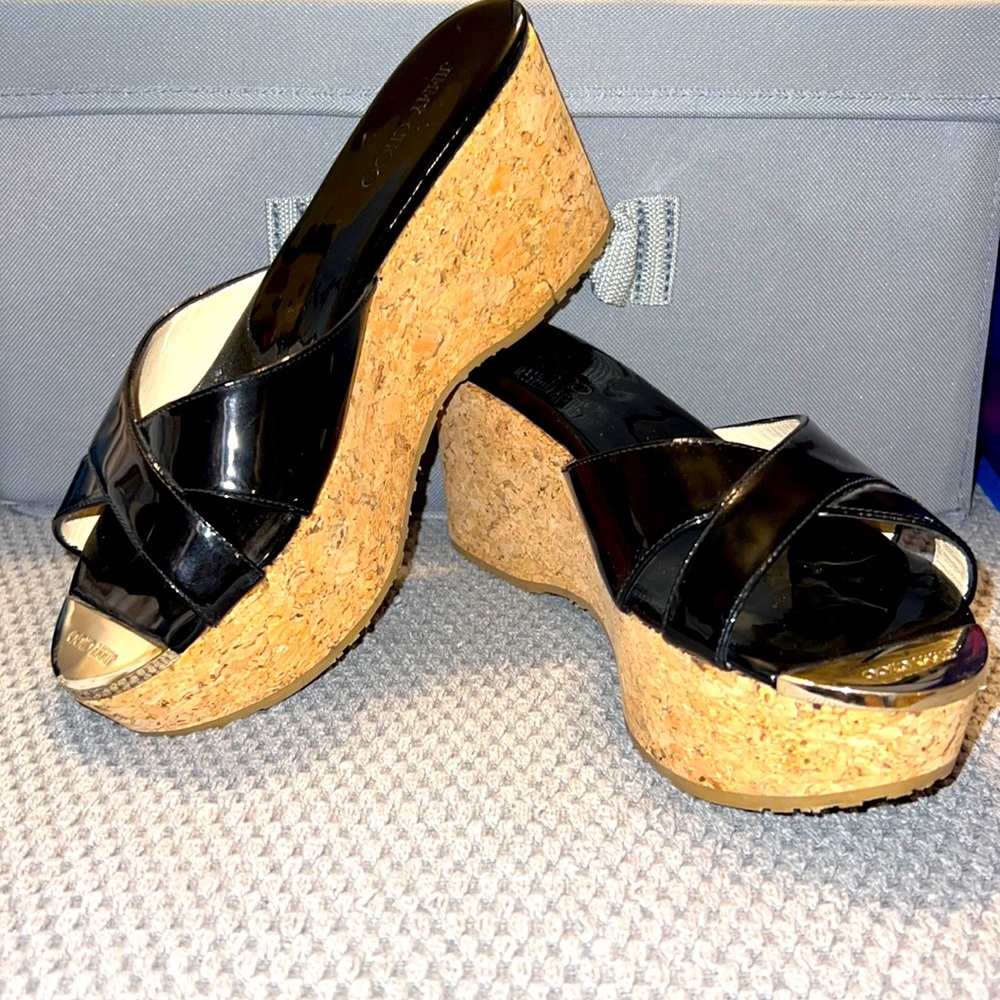 Jimmy Choo Black Patent Slides Size 38 1/2 Gold Toe
